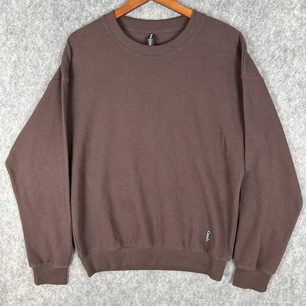 Comfrt Waffle Knit Shirt Mens M Cocoa Brown Long Sleeve Thermal Lounge EUC